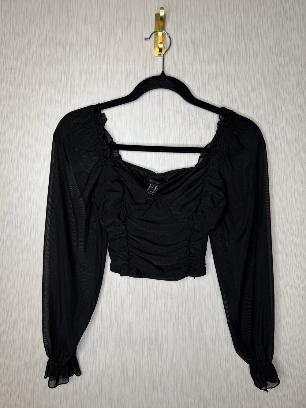 Forever 21 Black Mesh Sleeve Crop Top Ruched Corset Dark Romantic Whimsigoth M - Picture 2 of 7